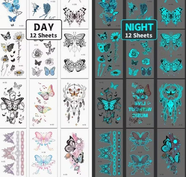 Glow-in-the-Dark Temporary Tattoo Stickers – 12 Sheets