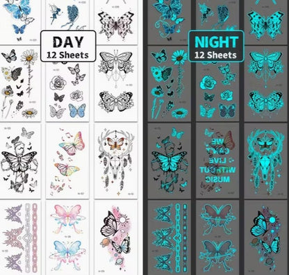 Glow-in-the-Dark Temporary Tattoo Stickers – 12 Sheets