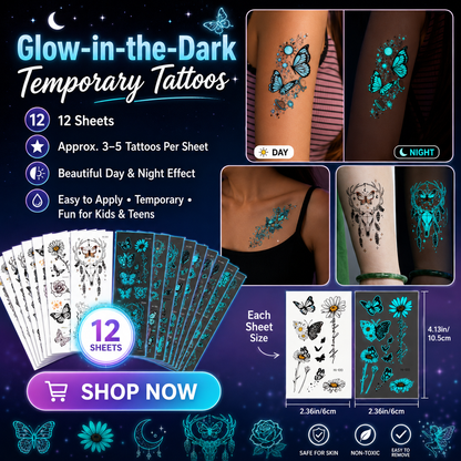 Glow-in-the-Dark Temporary Tattoo Stickers – 12 Sheets