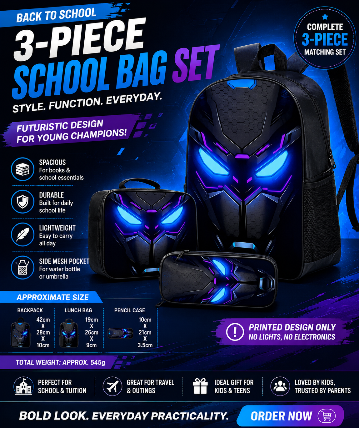 3-Piece Futuristic School Bag Set